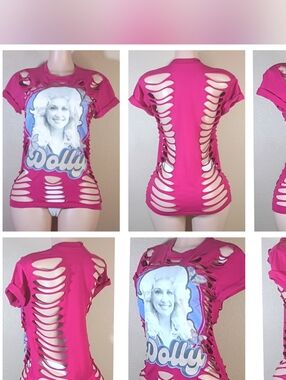 Dolly Parton Custom Distressed Graphic Short Sleeve Top - Hot Pink